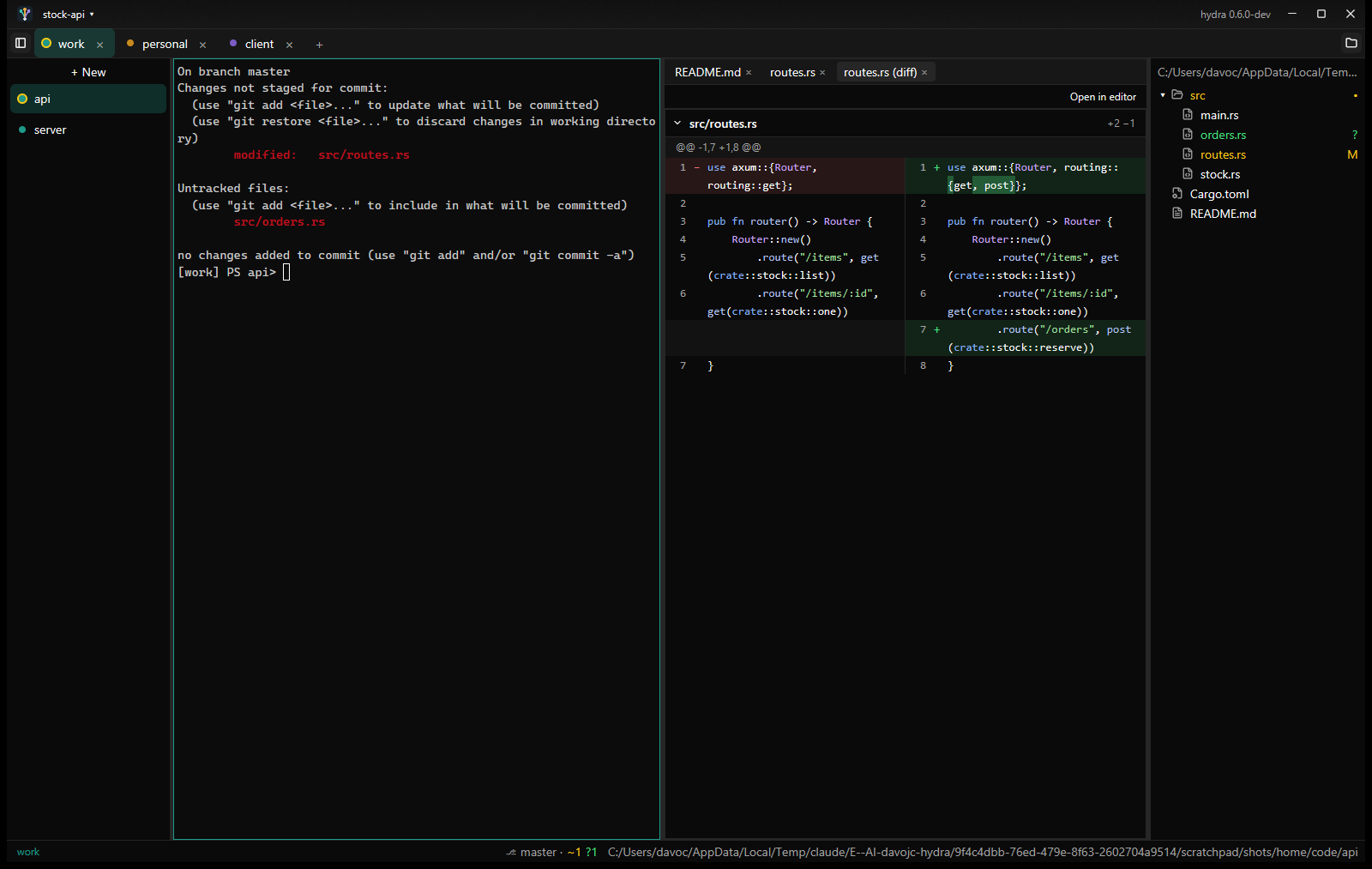 hydraui showing a side-by-side diff of a changed file next to the file tree.