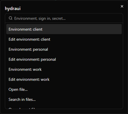 The launcher listing Environment and Edit environment entries for client, personal and work, then Open file… and Search in files…