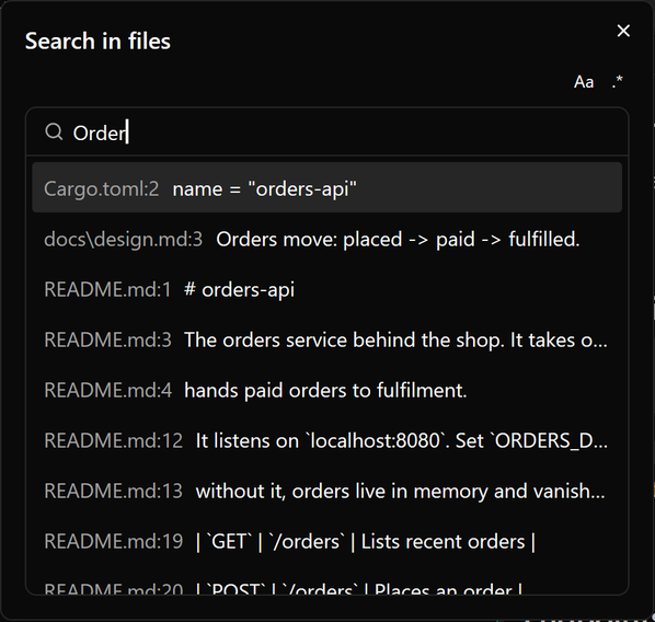 The Search in files dialog with Order typed, listing matches in Cargo.toml, docs/design.md and README.md with their line numbers.