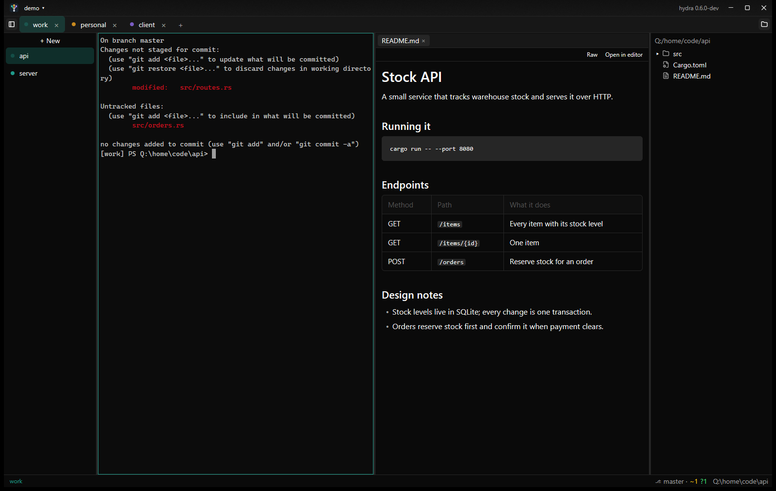 hydraui with tabs for the work, personal and client environments, work's terminals listed on the left, a terminal showing git status, the project's README rendered beside it, and the file tree on the right.